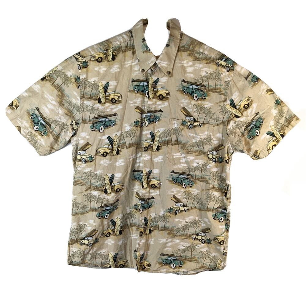 Hawaiian Camp Shirt Mens Medium Tall Woody Trucks Surfboards Beach